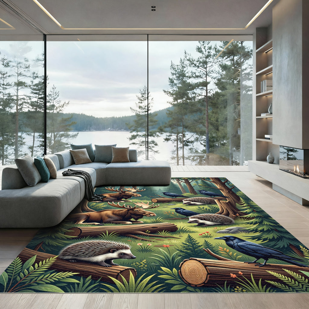 Enchanted Forest Moose and Wildlife Scene Rug