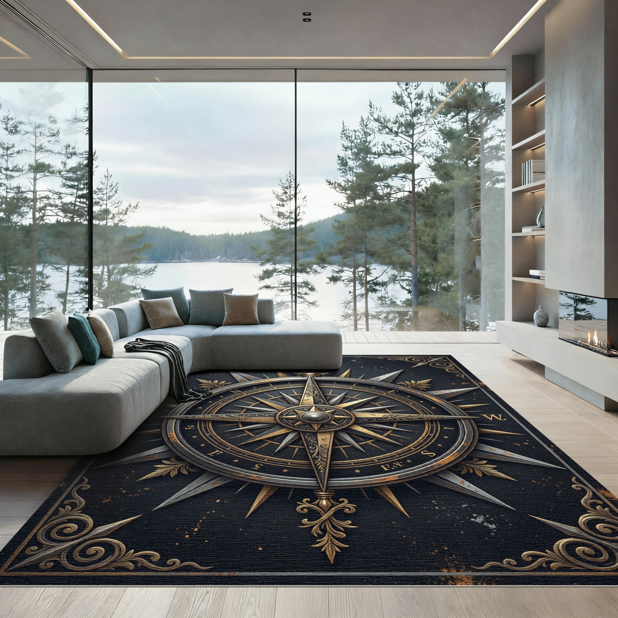 Antique Gold Nautical Compass Emblem Rug