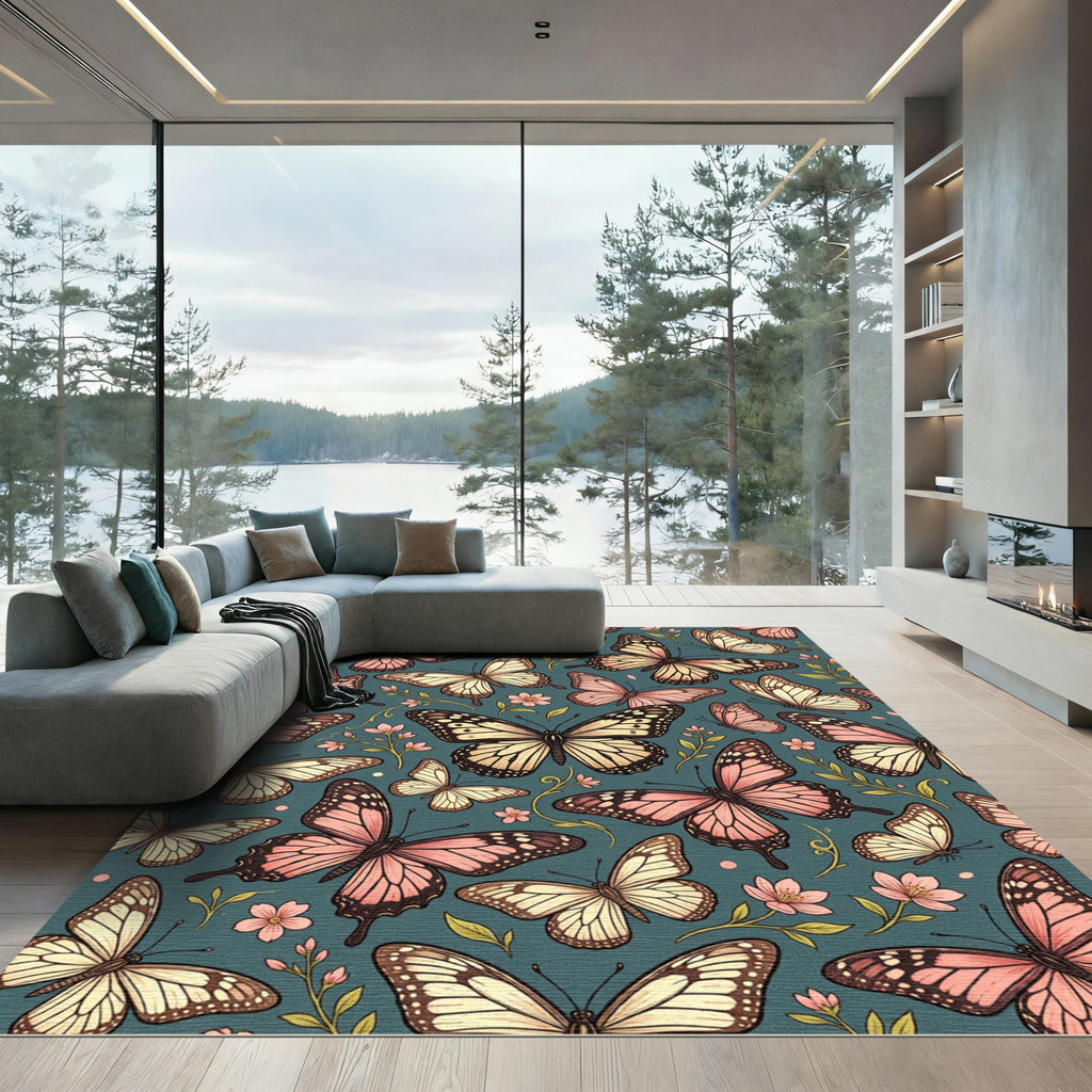 Whimsical Blush Butterfly Teal Botanical Rug