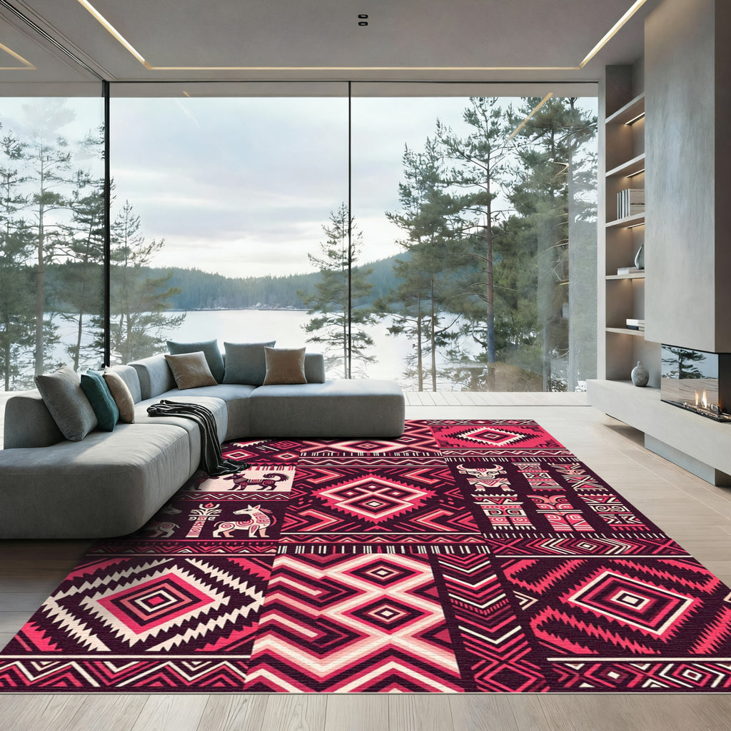 Pink Crimson Tribal Geometric Collage Rug