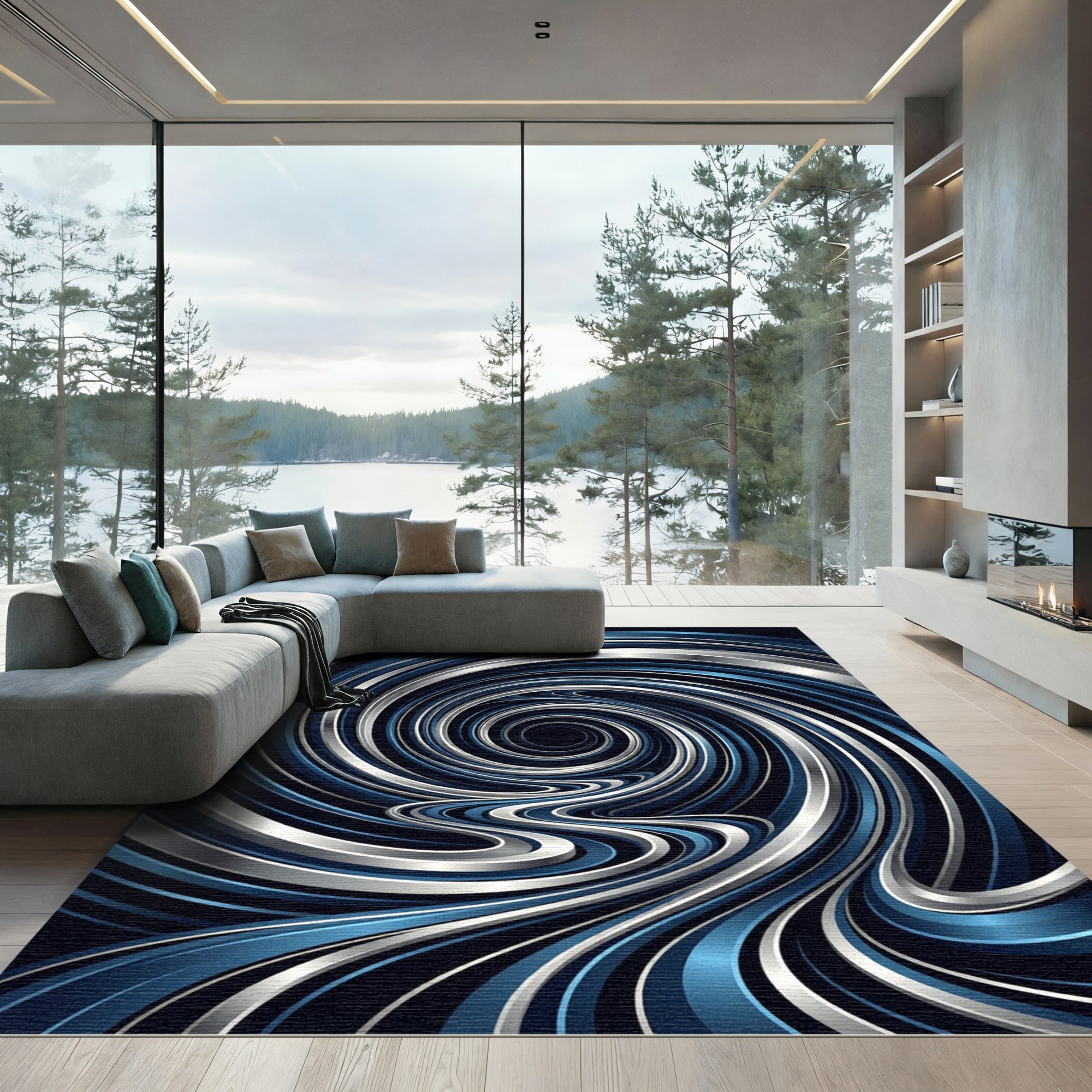 Modern Metallic Blue Swirling Vortex Rug