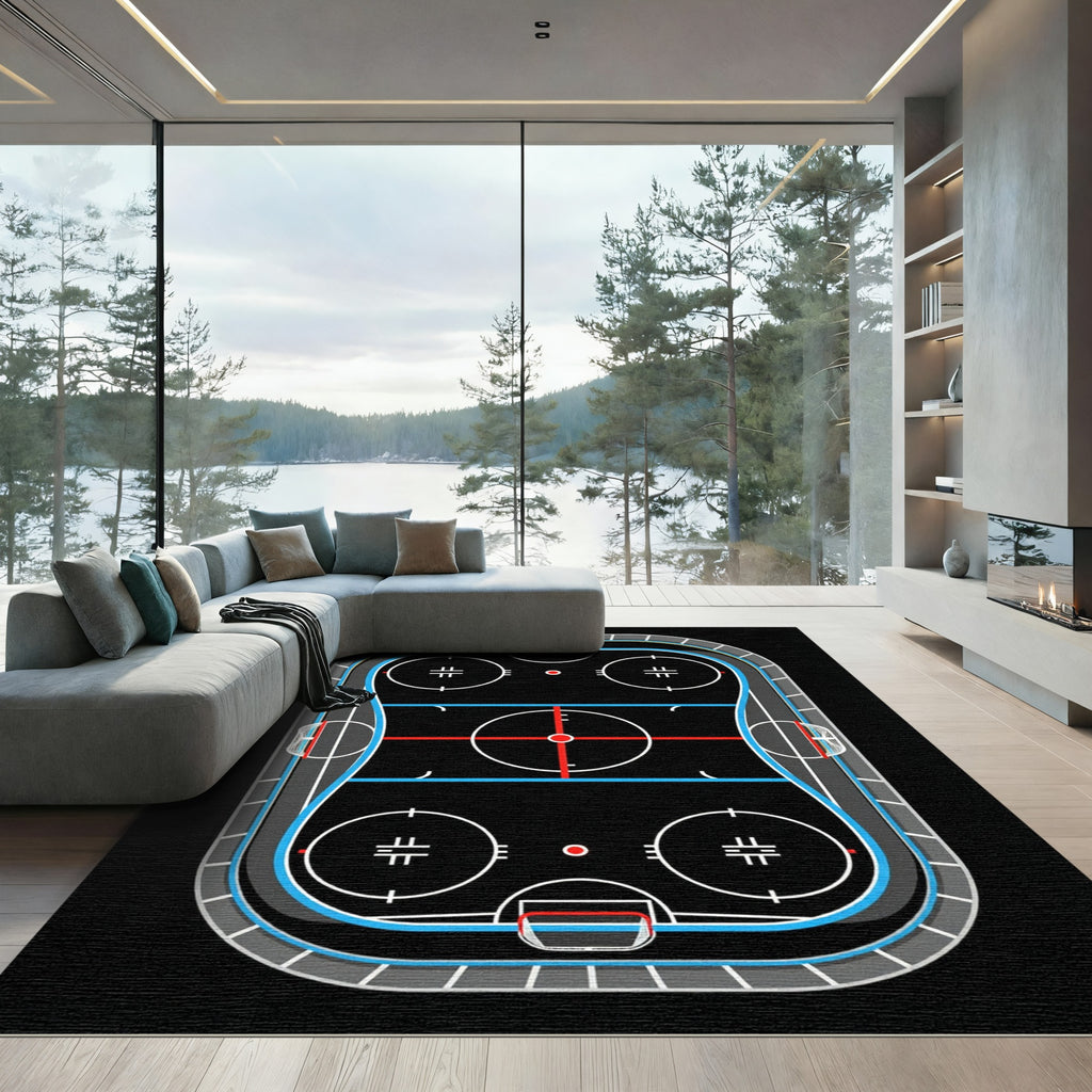 Modern Black Ice Hockey Rink Rug