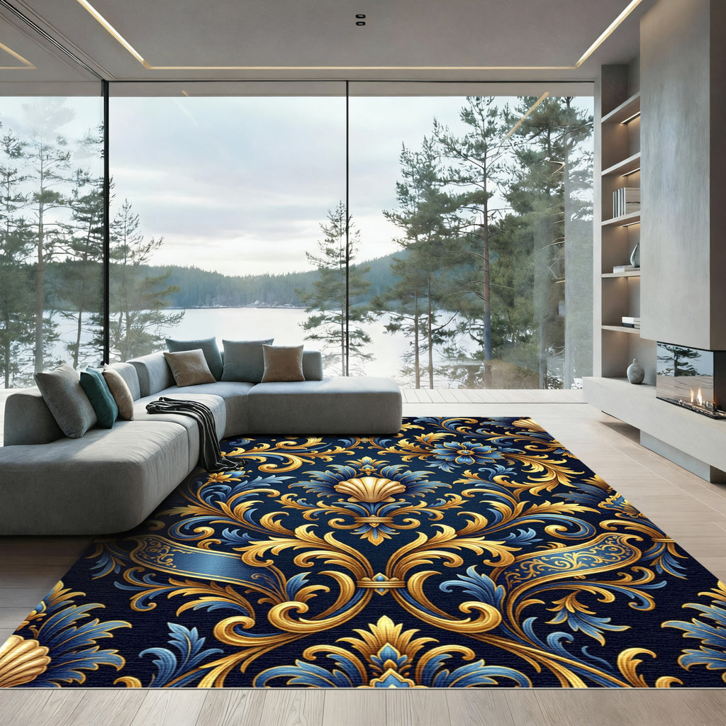 Royal Blue Gold Shell Baroque Scroll Rug