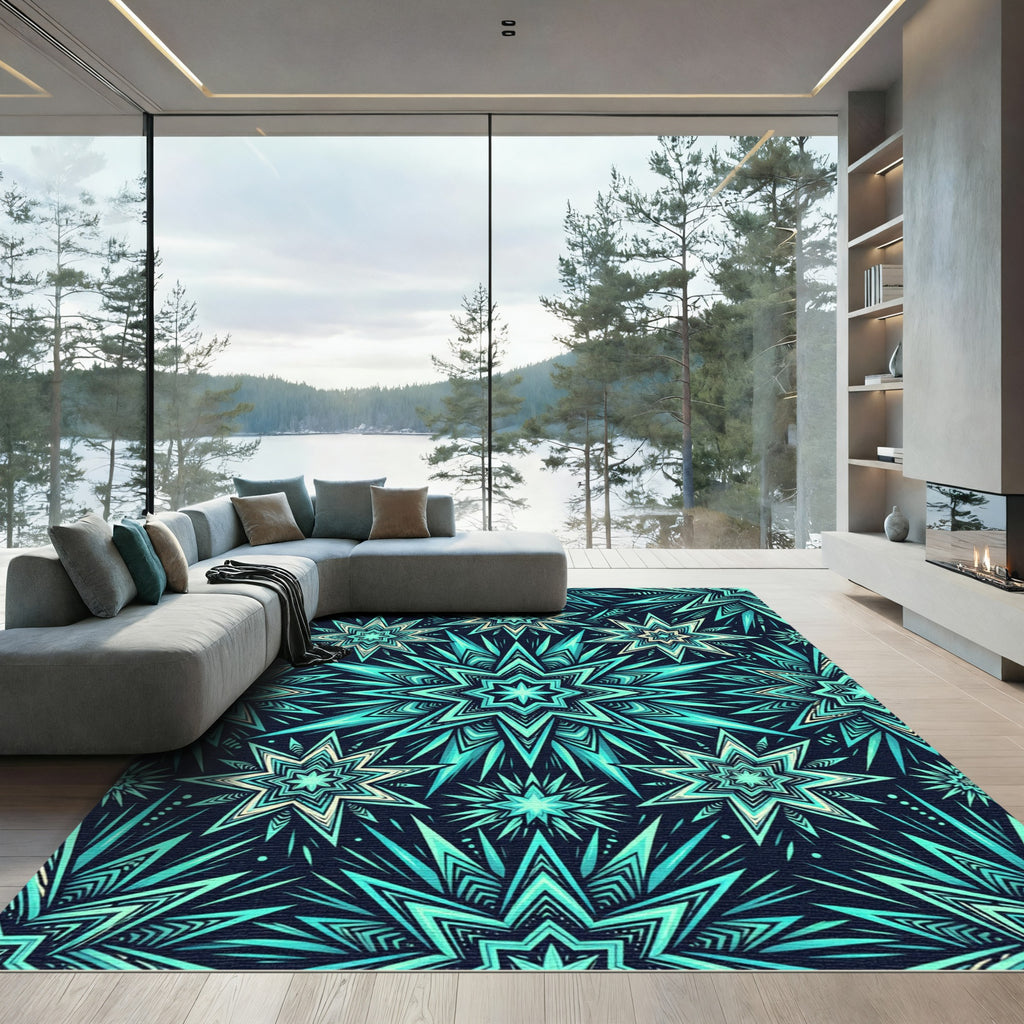 Radiant Teal Celestial Starry Medallion Rug