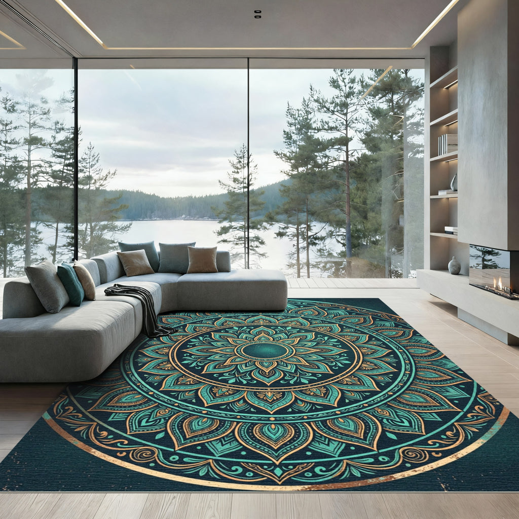 Teal and Gold Radiant Lotus Mandala Rug