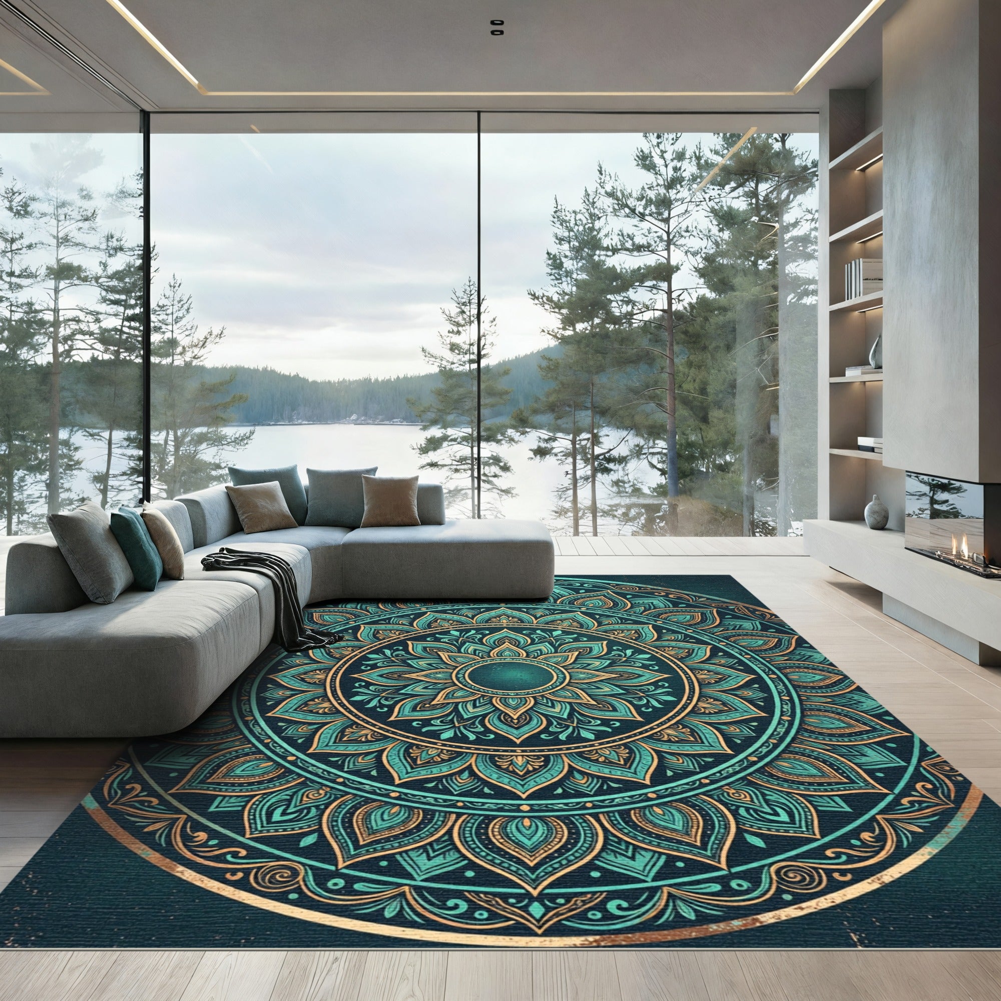 Teal and Gold Radiant Lotus Mandala Rug