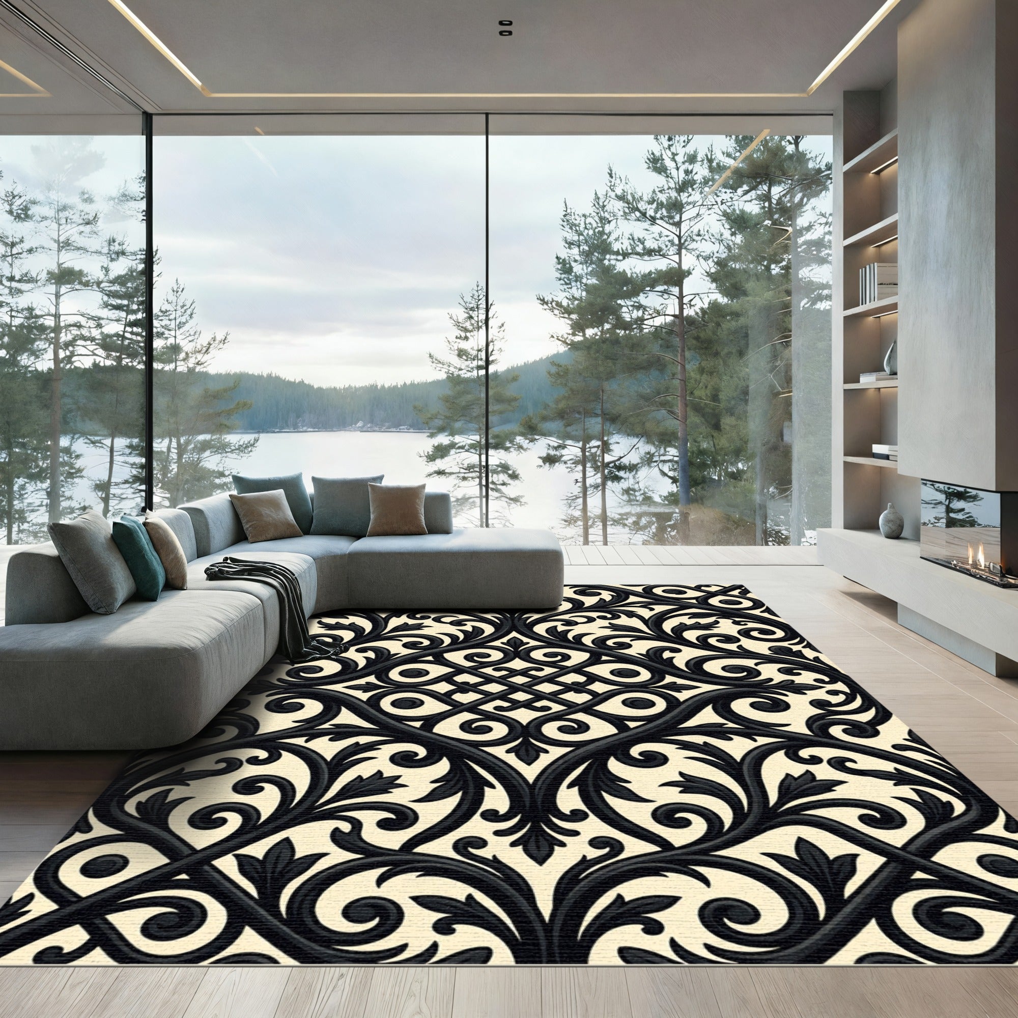 Elegant Black Damask Scroll Medallion Rug