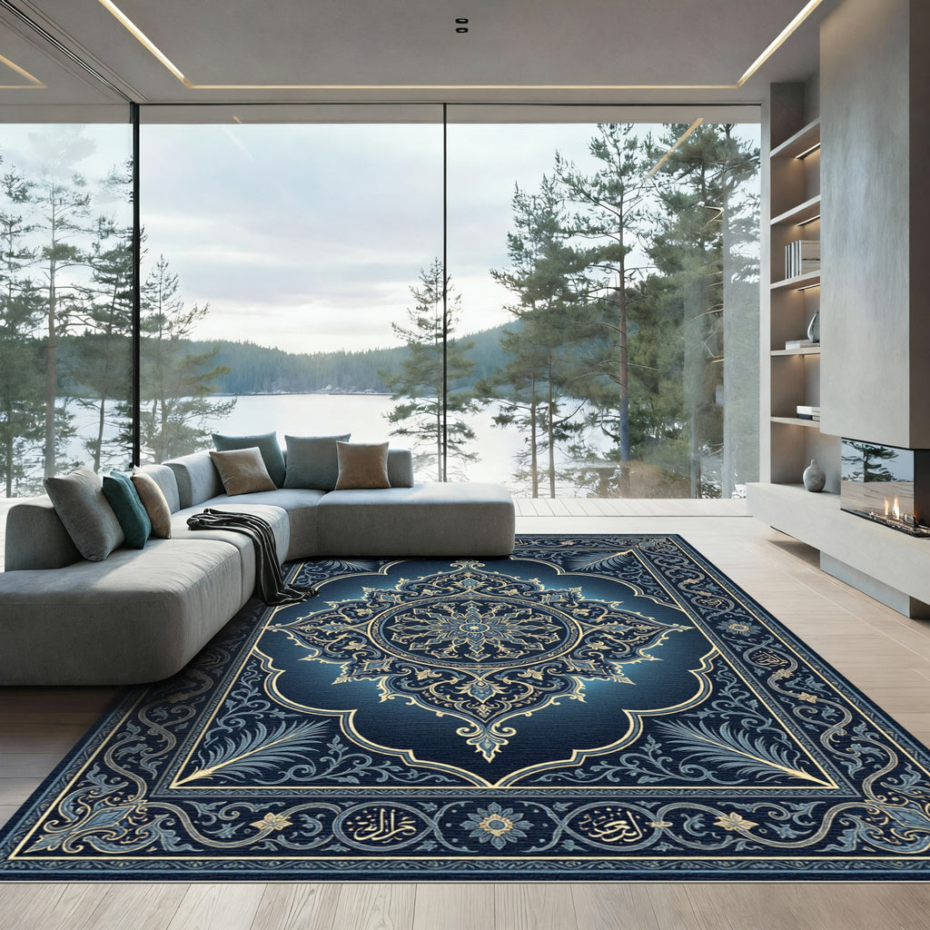 Ornate Midnight Blue Floral Mandala Rug