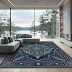Ornate Midnight Blue Floral Mandala Rug