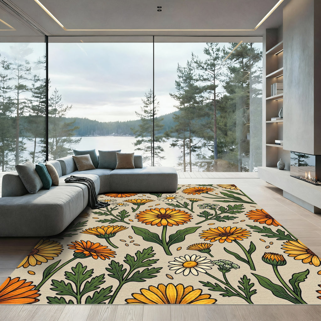 Golden Marigold and Daisy Floral Garden Rug