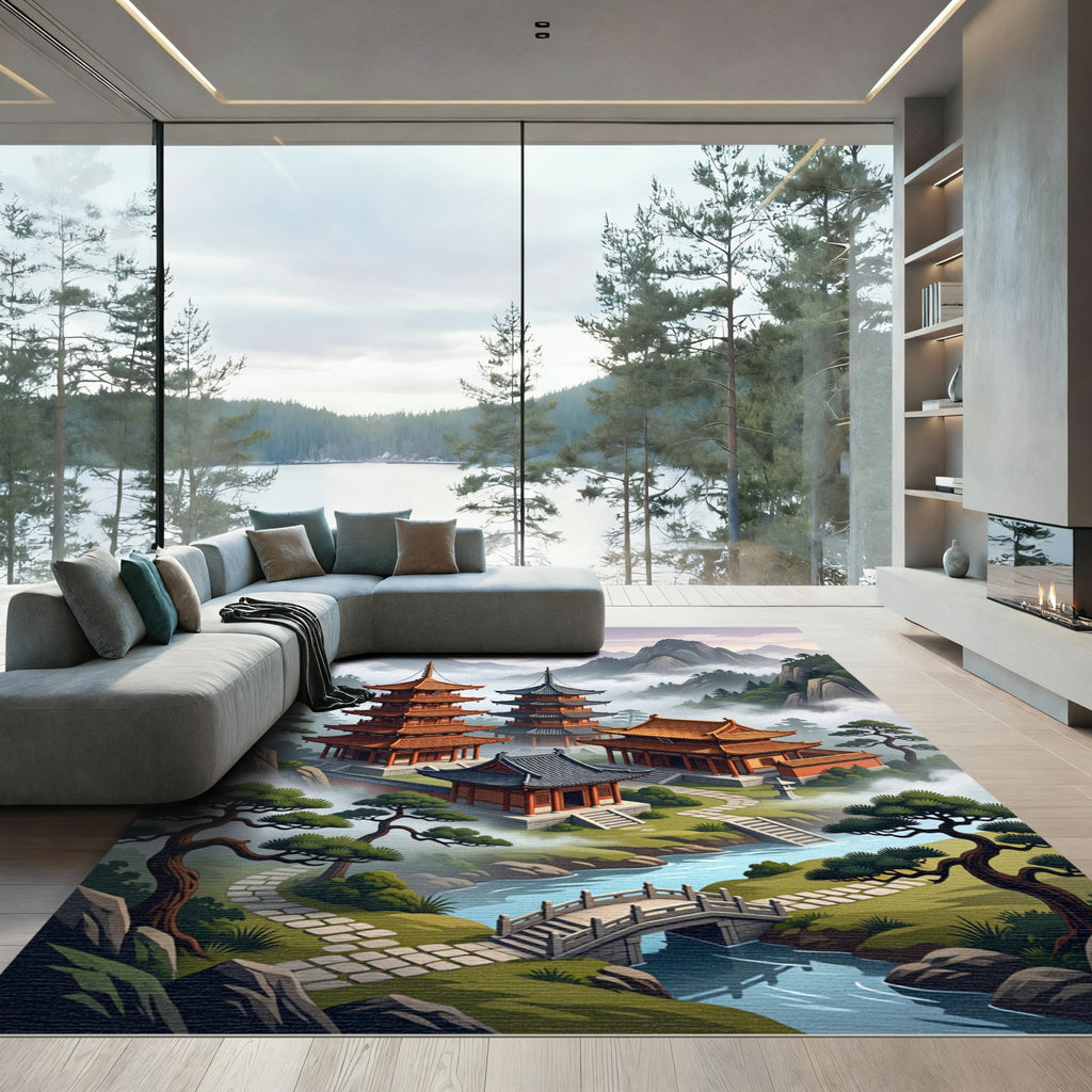Mist-Covered Pagoda Mountain Landscape Tapestry Rug