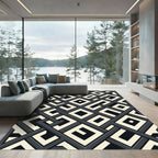 Modern Monochrome Interlocking Geometric Square Art Rug
