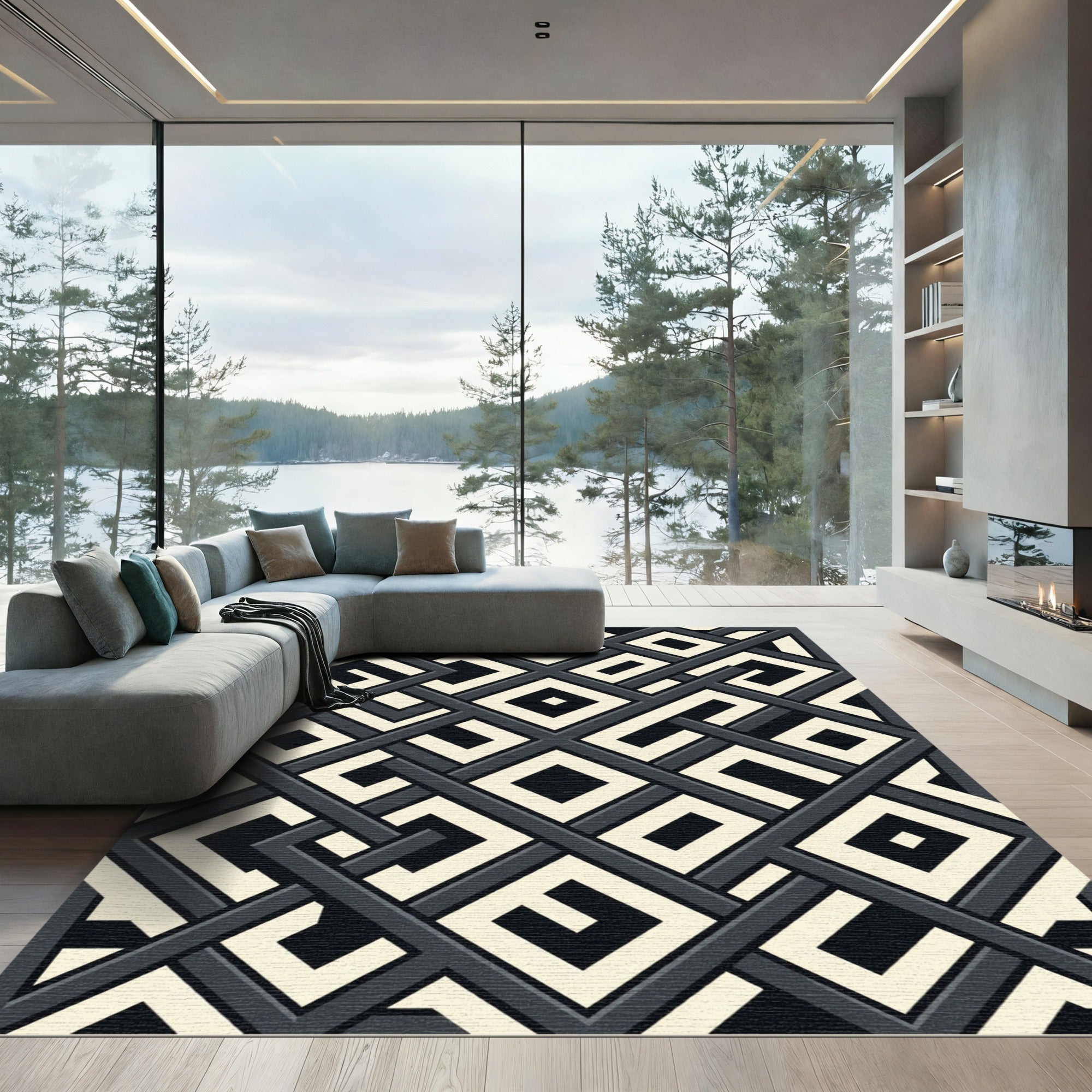 Modern Monochrome Interlocking Geometric Square Art Rug