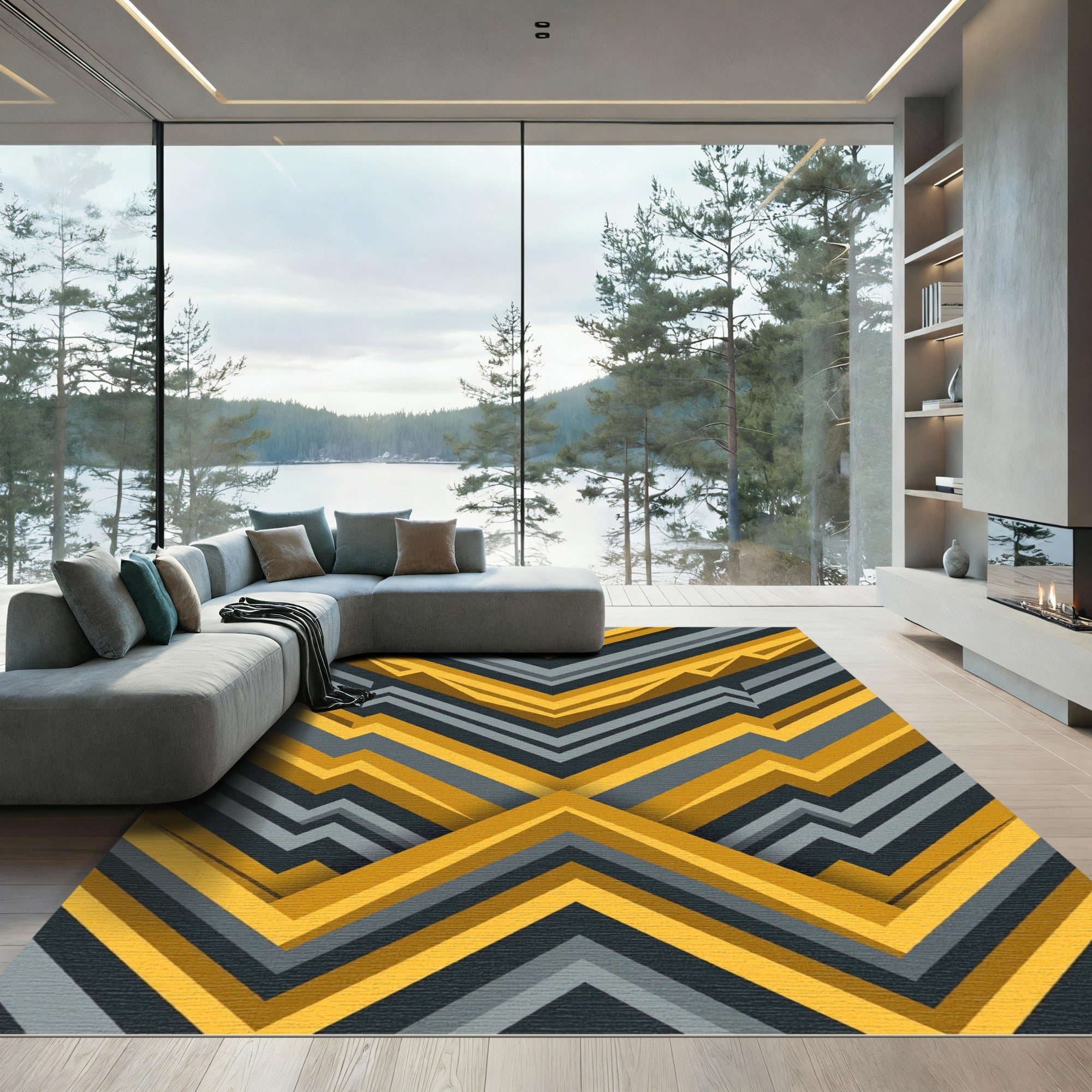 Bold Yellow Gray Chevron Layers Rug