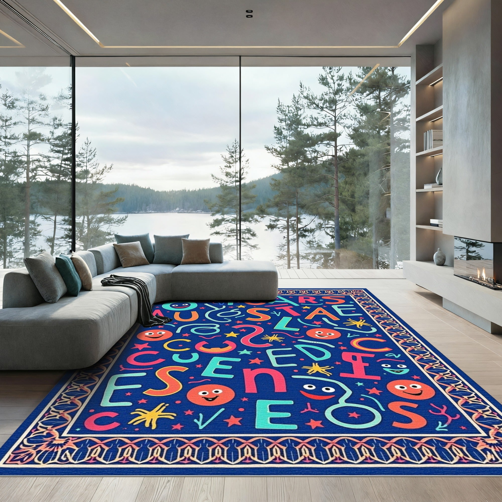 Colorful Cheerful Alphabet Faces Border Rug