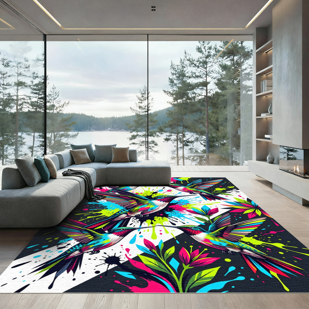 Vibrant Neon Hummingbird Abstract Splatter Rug