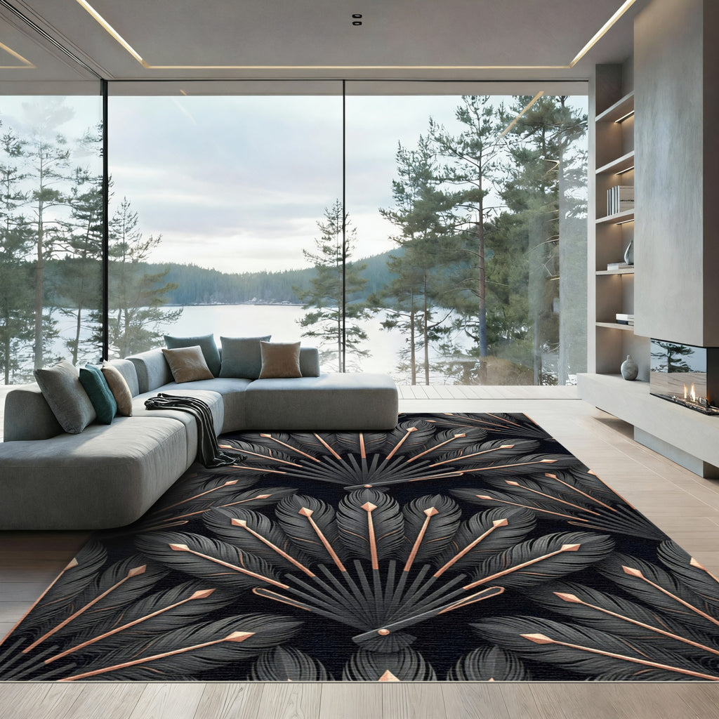Art Deco Black Feather Fan Accent Rug