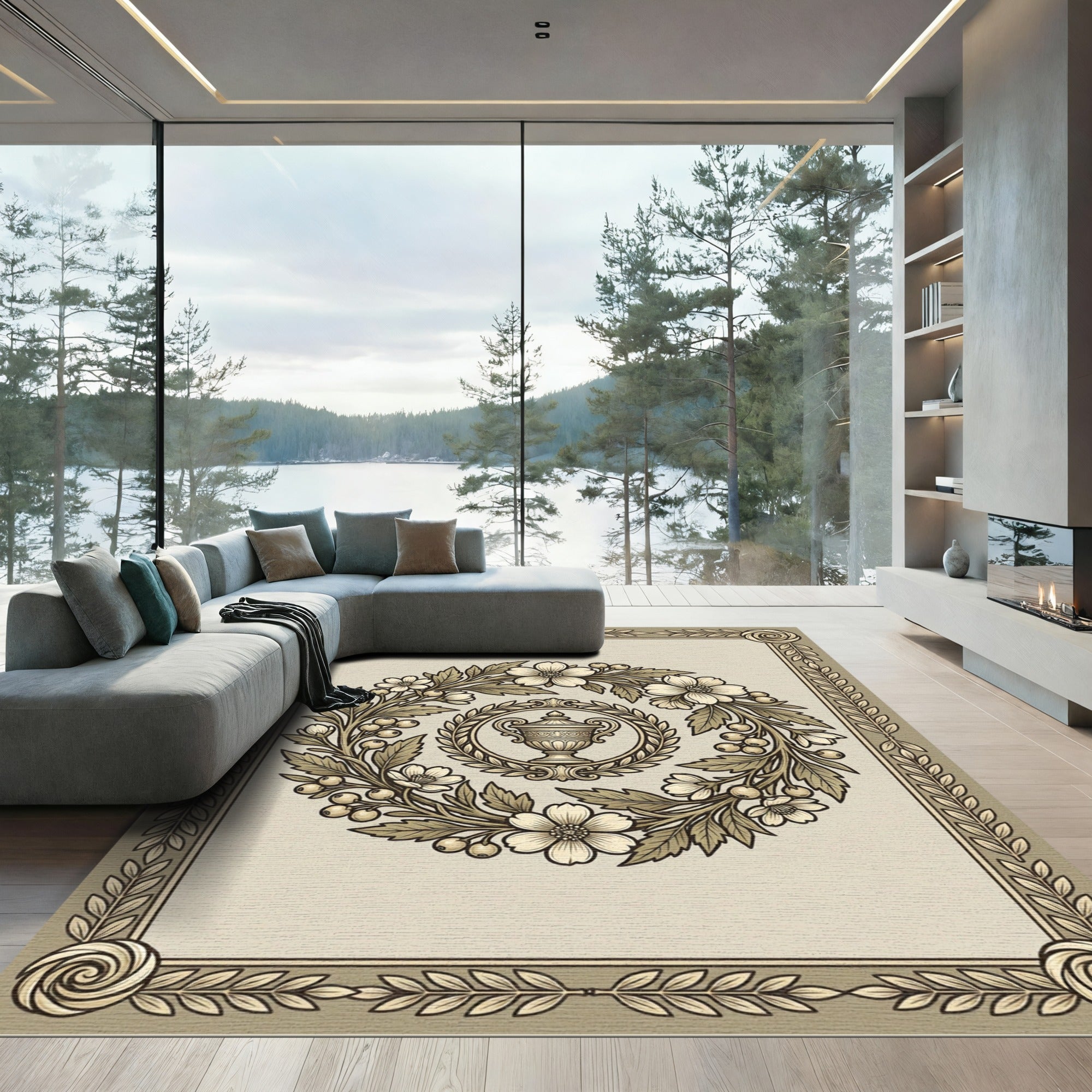 Vintage Floral Urn Wreath Border Rug