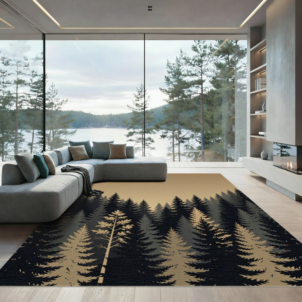 Serene Evergreen Forest Silhouette Landscape Rug