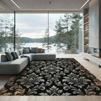 Ornate Black Gold Flourish Damask Rug
