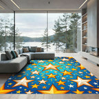 Golden White Stars Radiating Blue Sky Rug