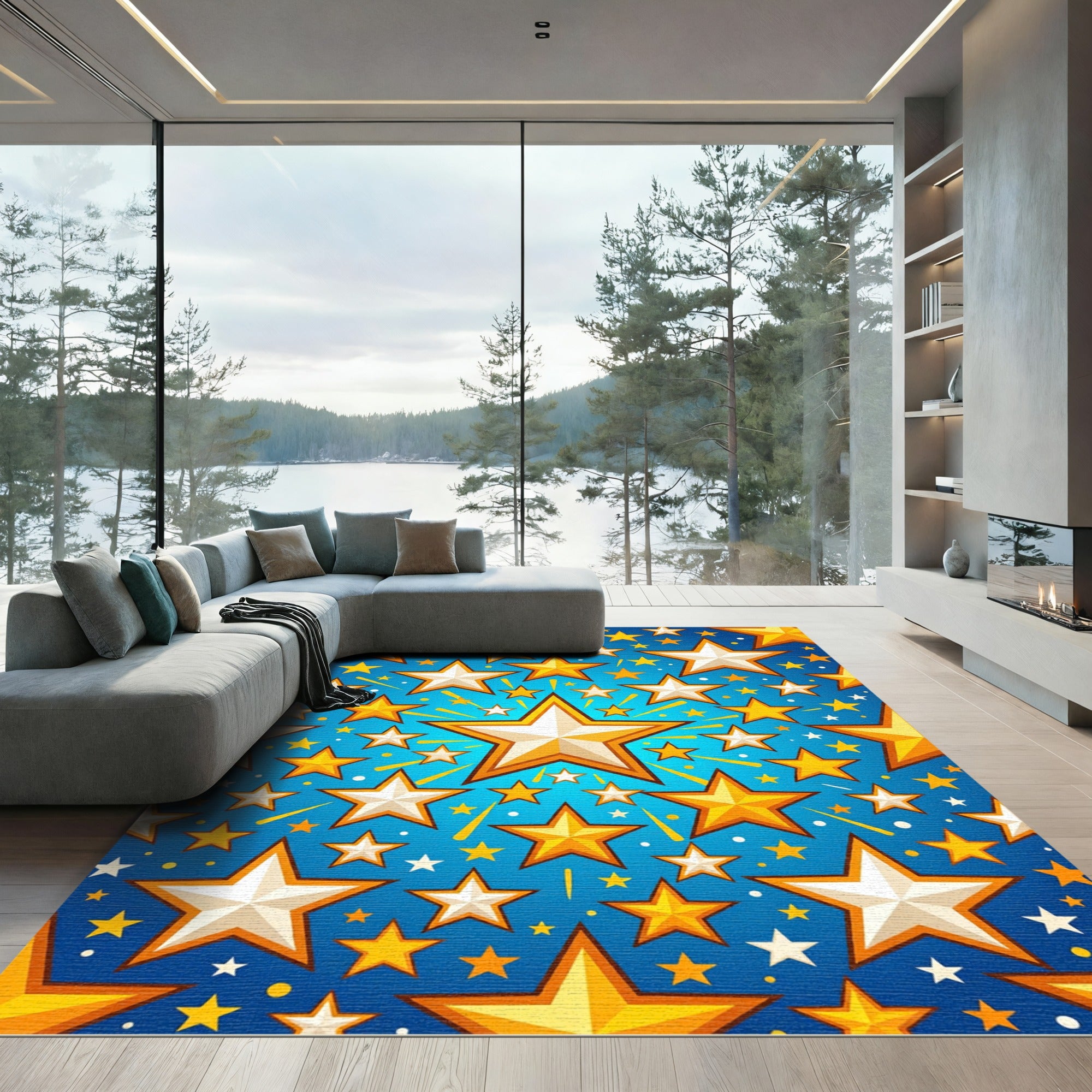 Golden White Stars Radiating Blue Sky Rug