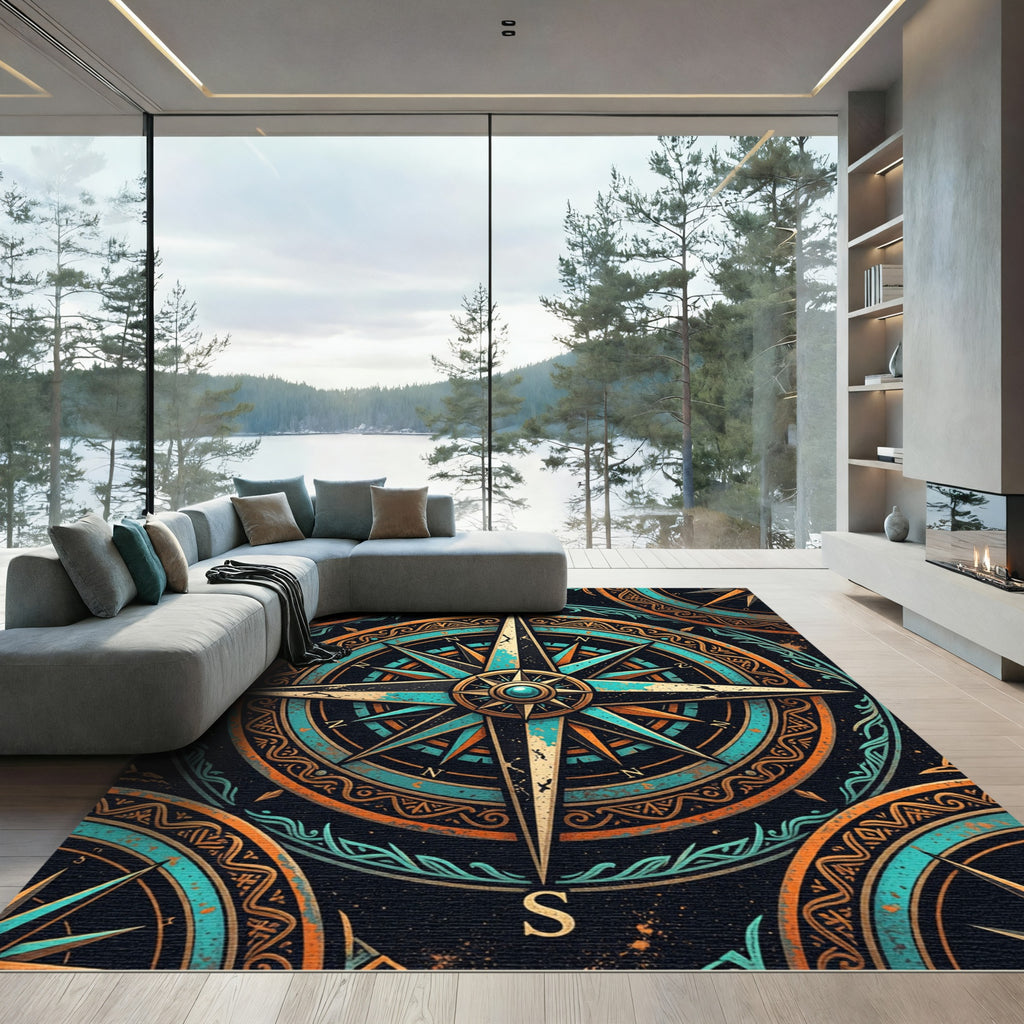 Teal and Copper Nautical Compass Rug