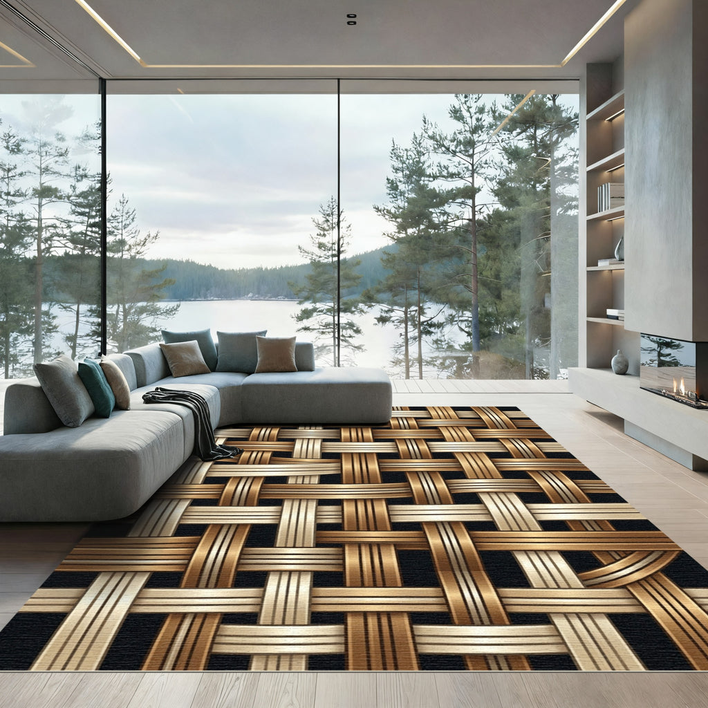 Gold Beige Woven Texture Pattern Rug