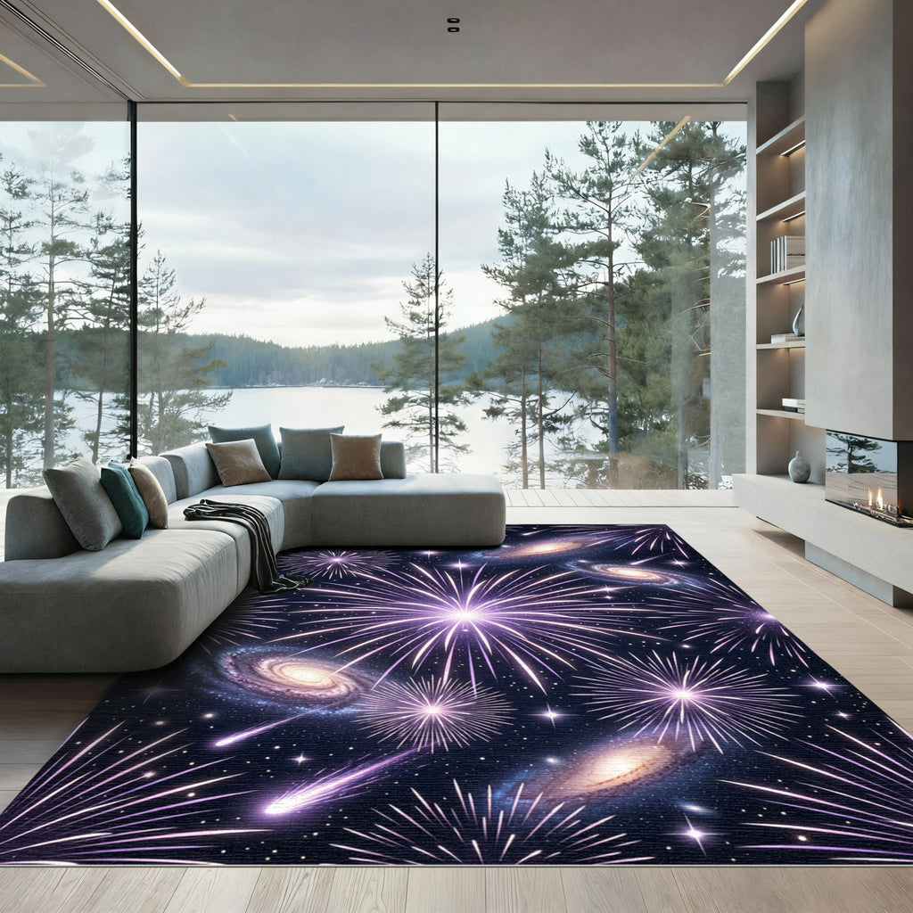 Galactic Fireworks Purple Starry Night Rug