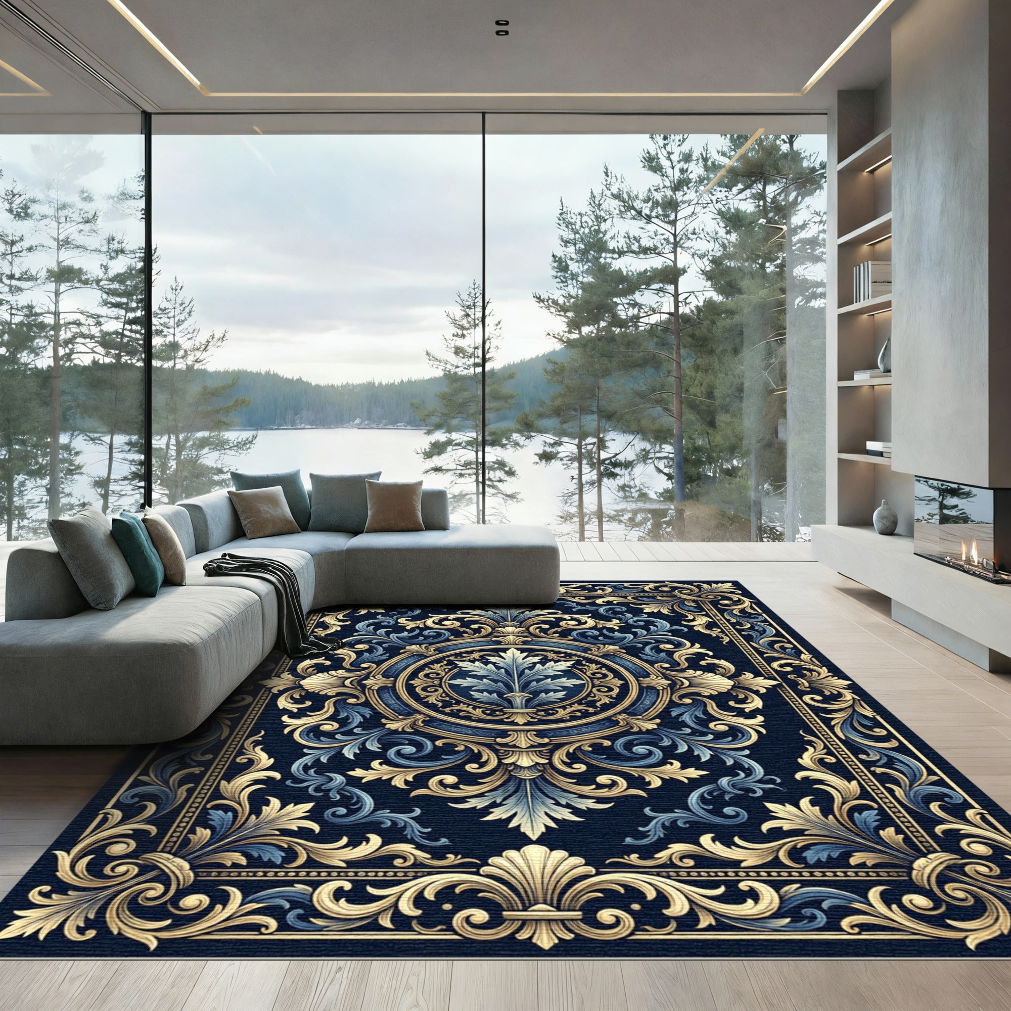 Elegant Navy Gold Baroque Floral Medallion Rug