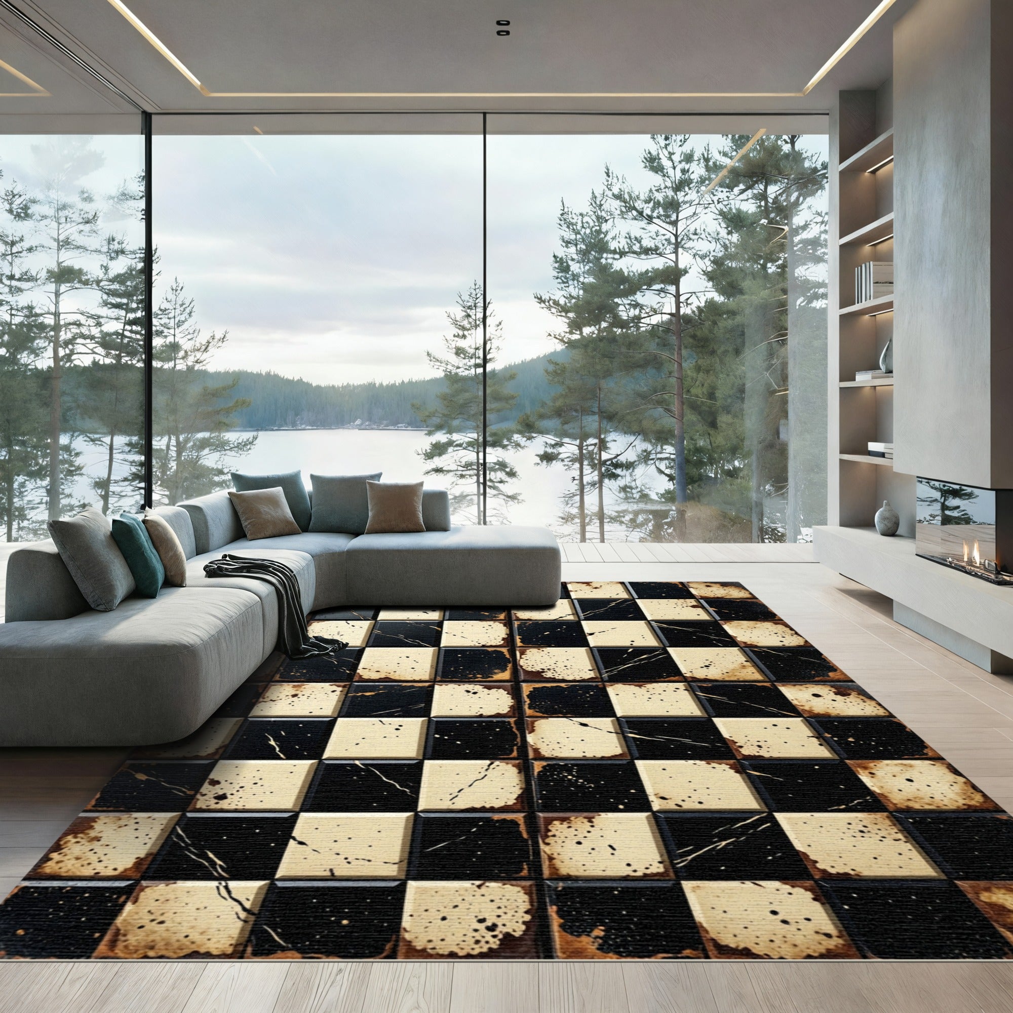 Aged Black Cream Checkerboard Splatter Rug