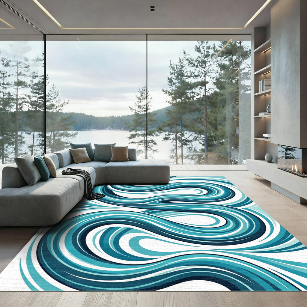 Fluid Teal Abstract Swirl Waves Rug
