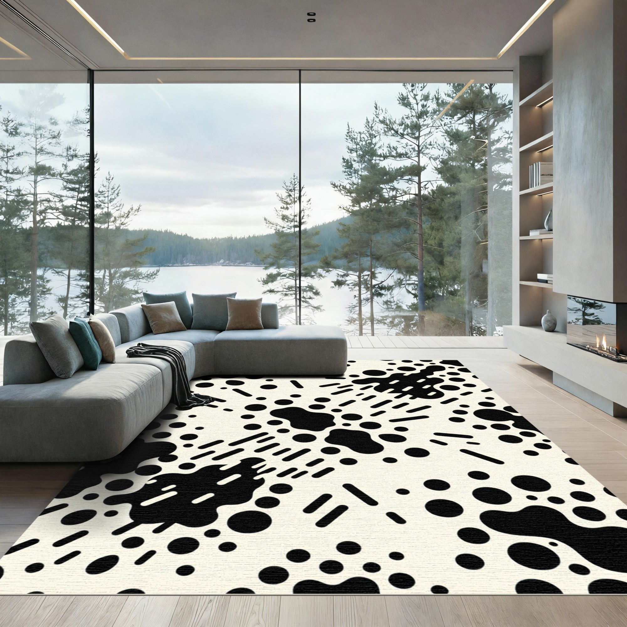 Black White Organic Splatter Circles Rug