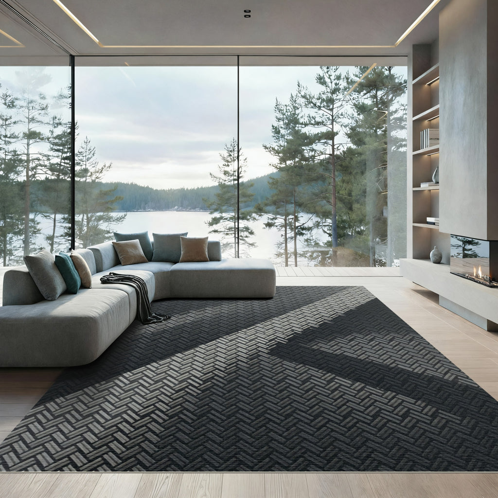 Modern Monochrome Geometric Interlocking Grid Rug