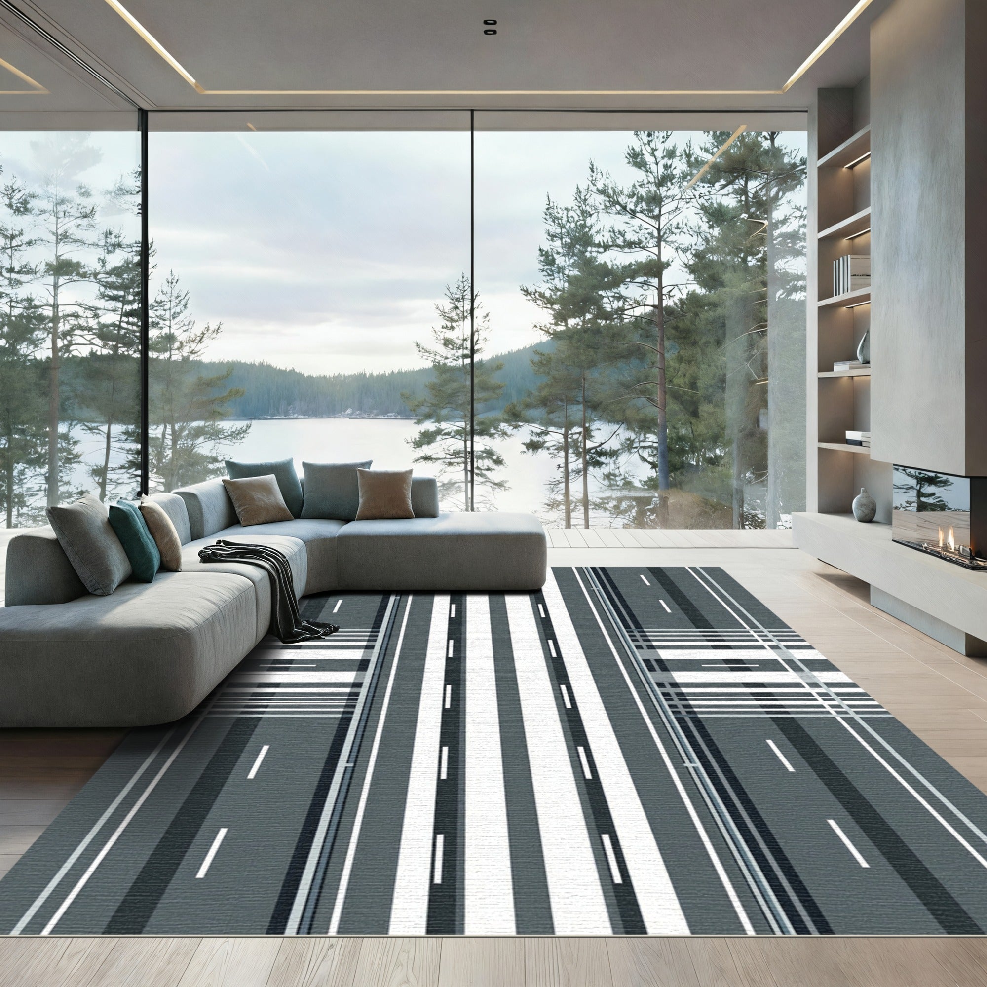 Modern Linear Monochrome Geometric Plaid Rug