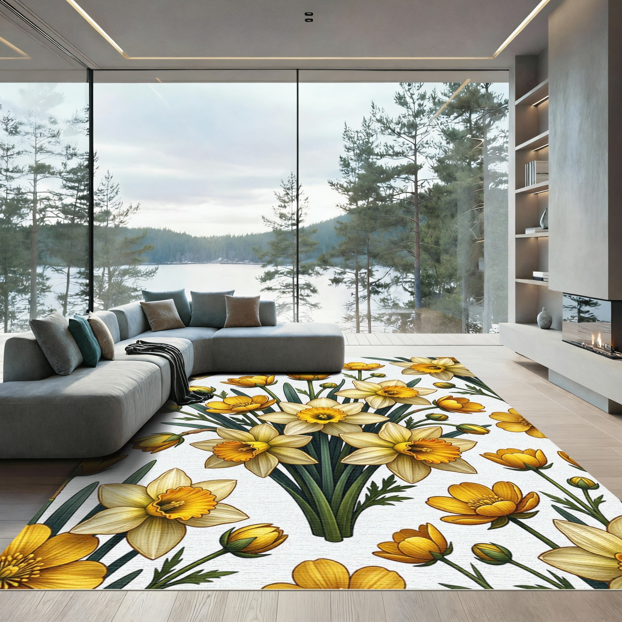Elegant Golden Daffodil Botanical Illustration Rug