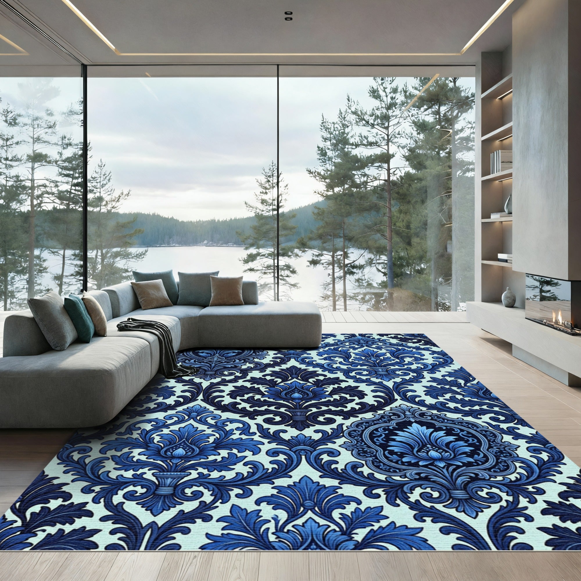 Deep Blue Damask Ornament Rug