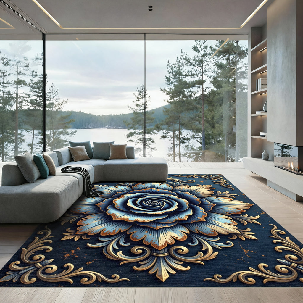 Classic Blue Gold Floral Medallion Rug