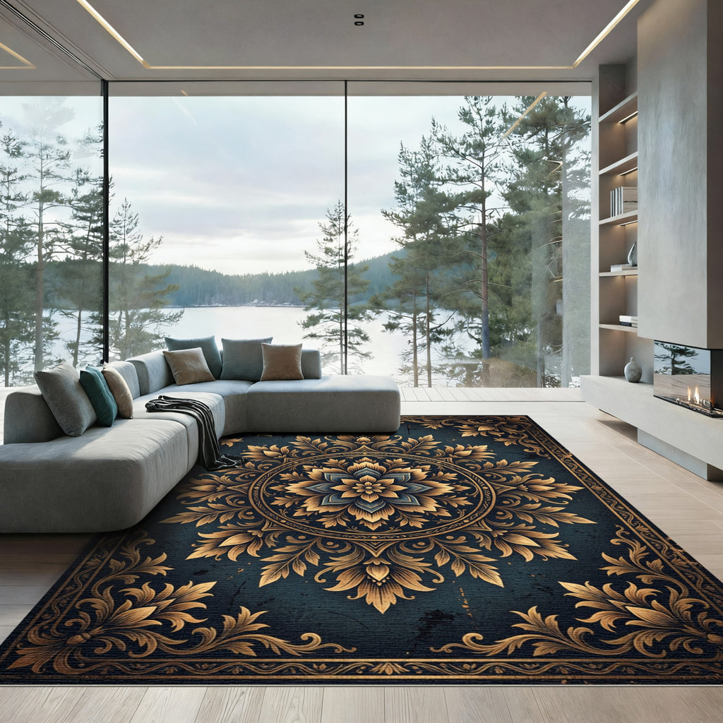 Gold Floral Medallion Slate Decorative Area Rug