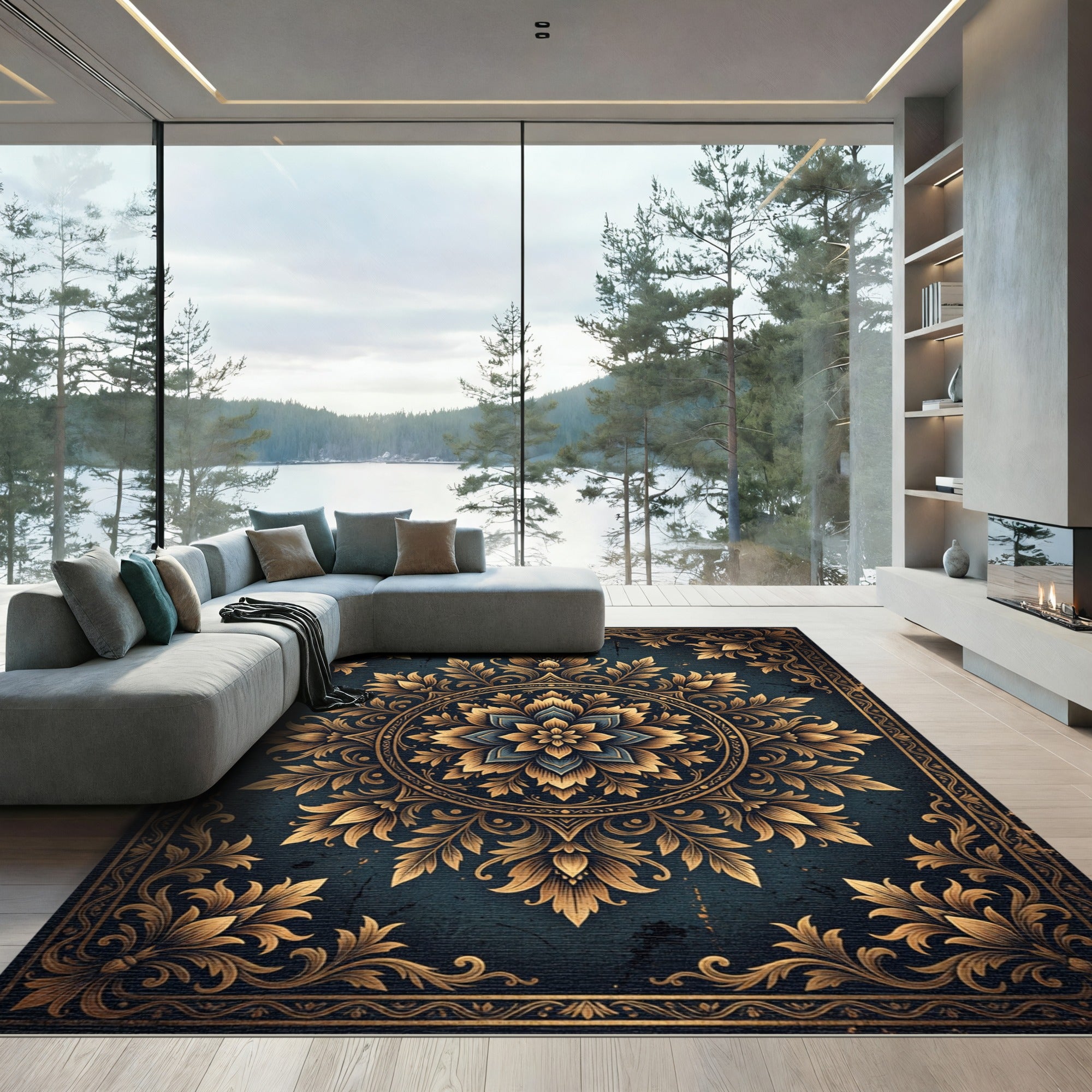 Gold Floral Medallion Slate Decorative Area Rug