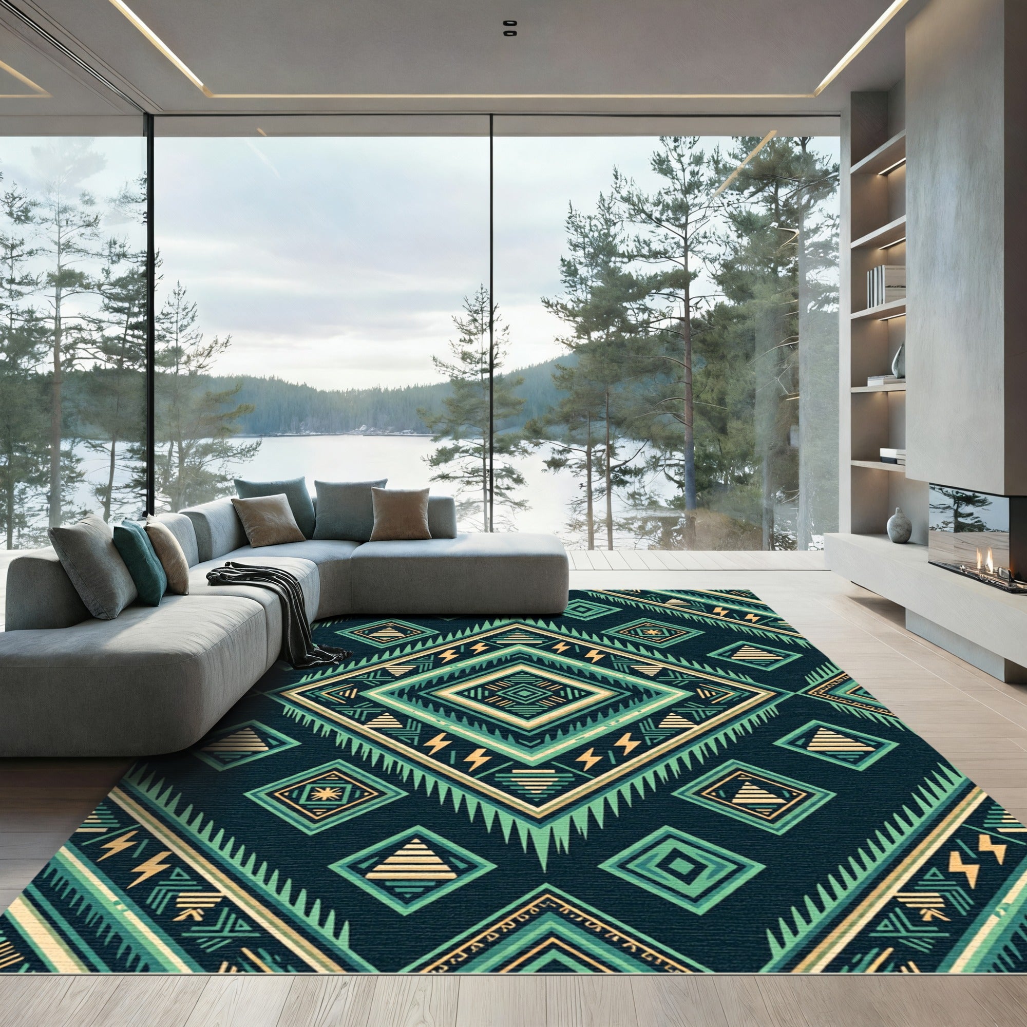 Teal Yellow Abstract Geometric Diamond Rug