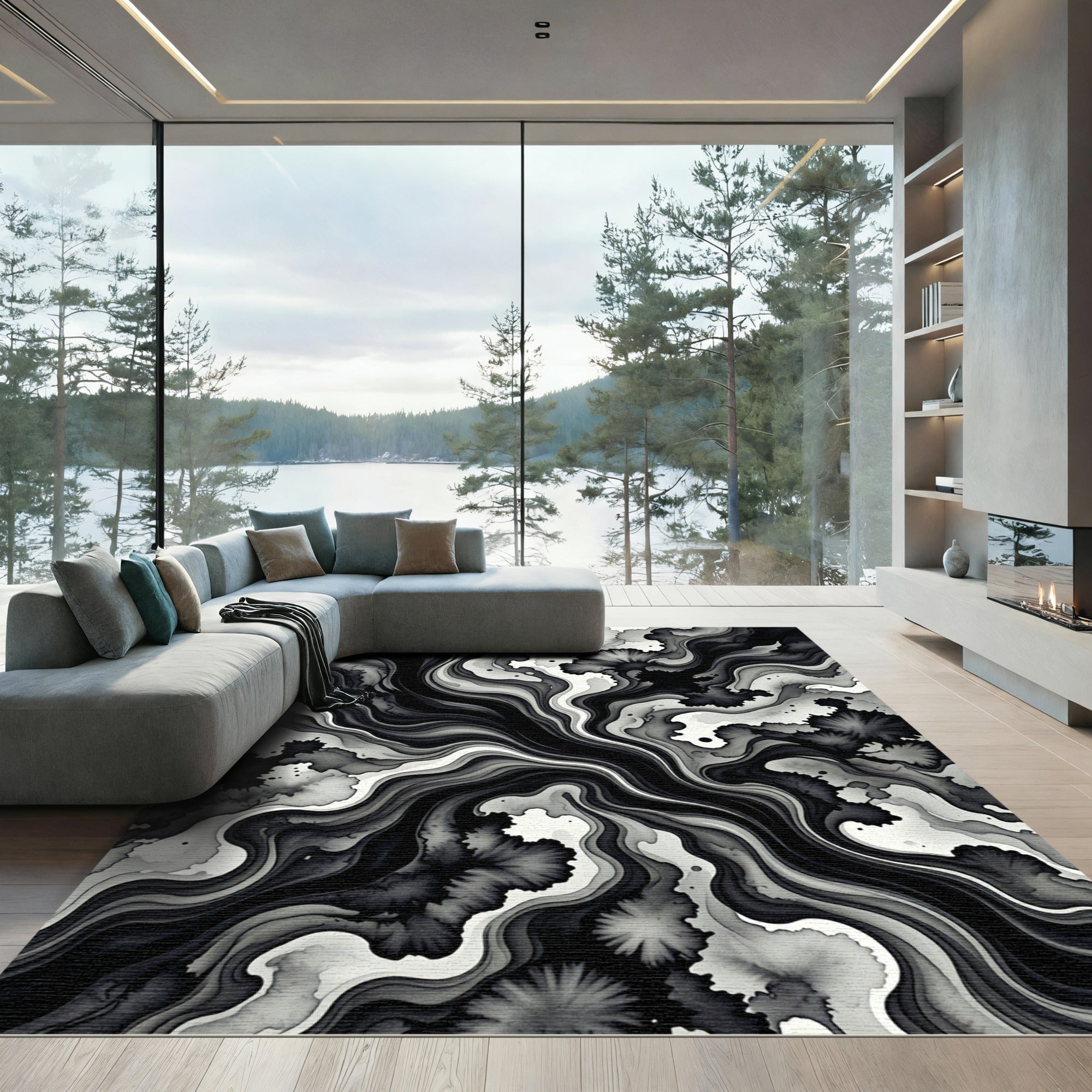 Monochrome Abstract Fluid Ink Swirl Rug