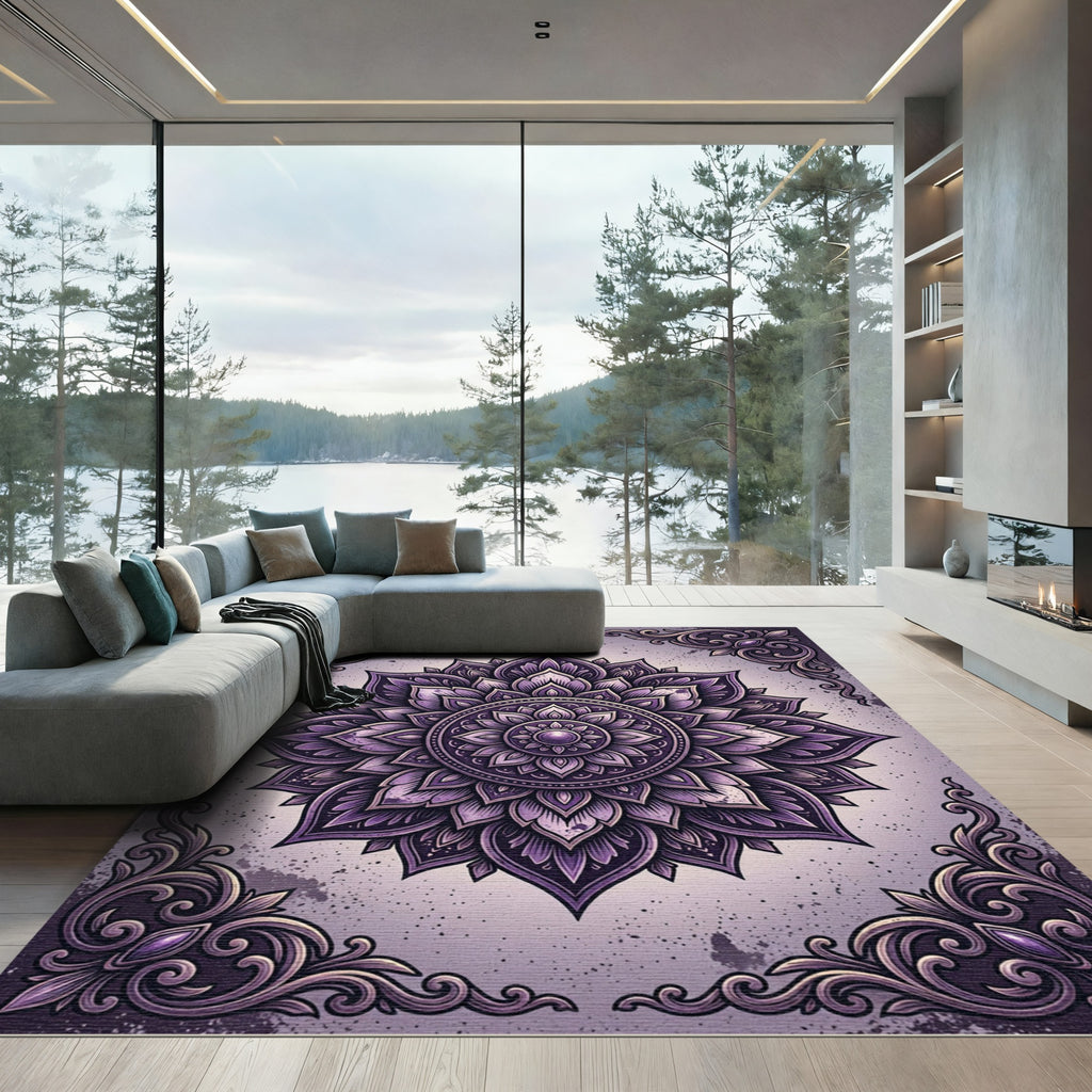 Ornate Amethyst Floral Mandala Scroll Rug
