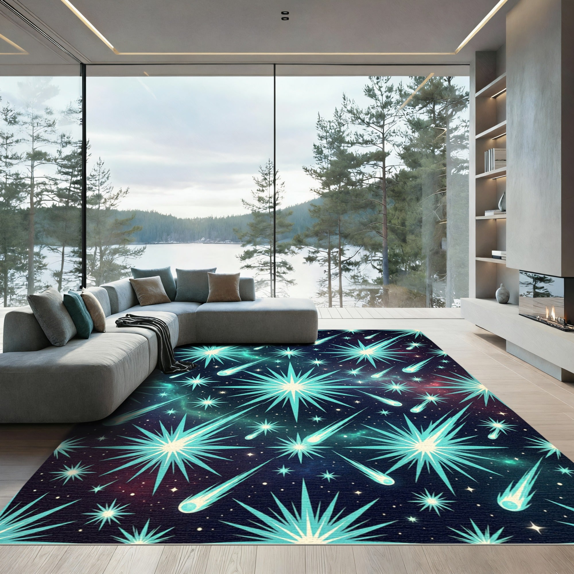 Cosmic Teal Shooting Stars Galaxy Rug