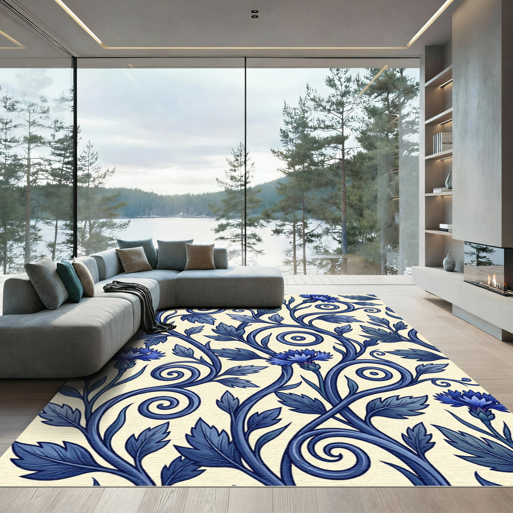 Deep Blue Floral Vine Swirl Rug
