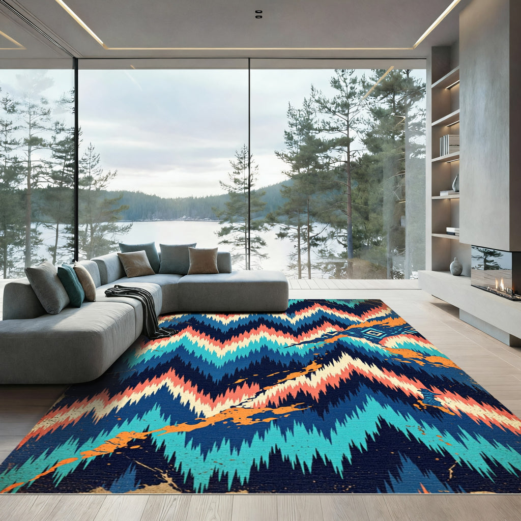 Bold Geometric Chevron Teal Coral Rug