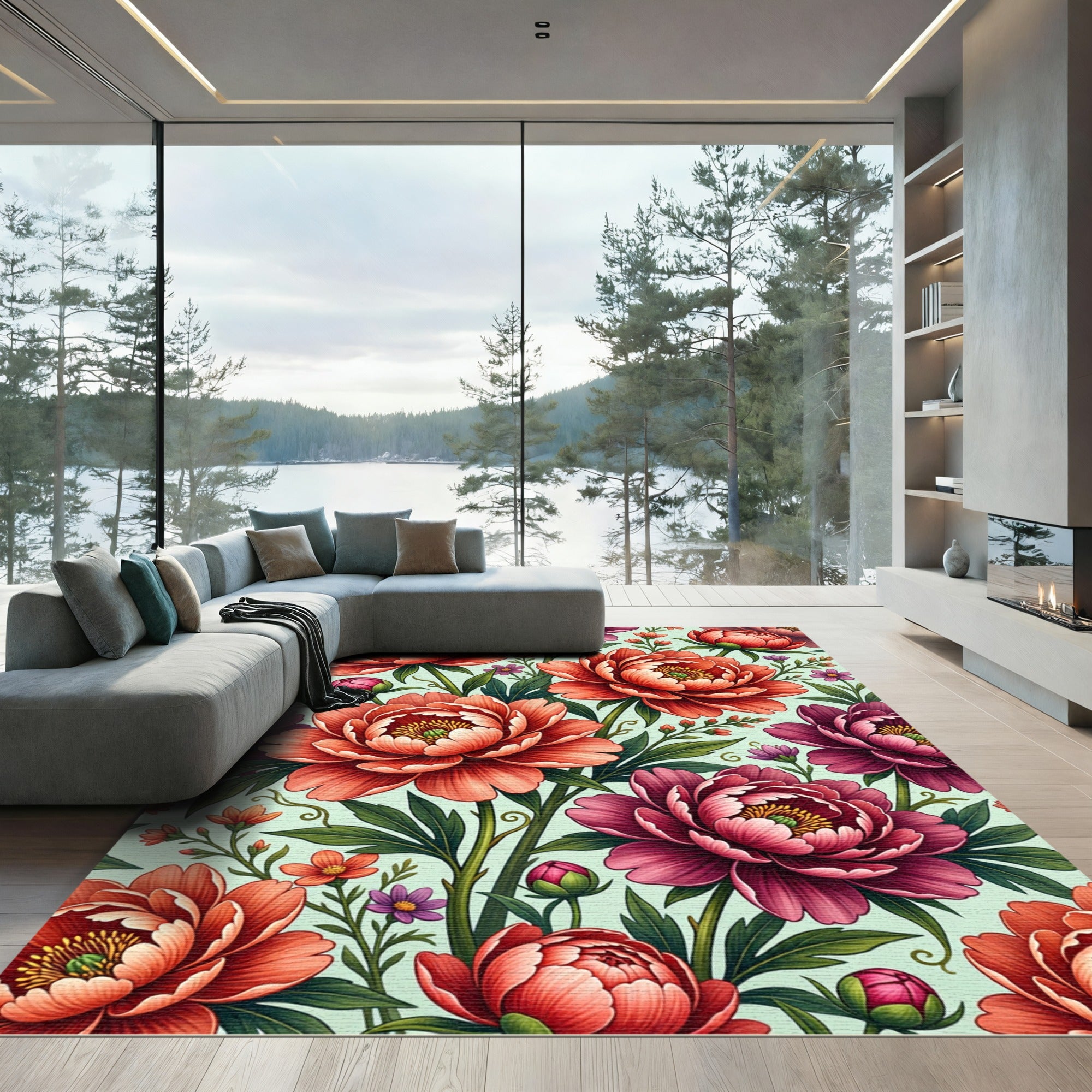 Vibrant Peony Floral Botanical Garden Rug