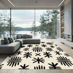 Minimalist Cream Black Abstract Tribal Symbol Rug