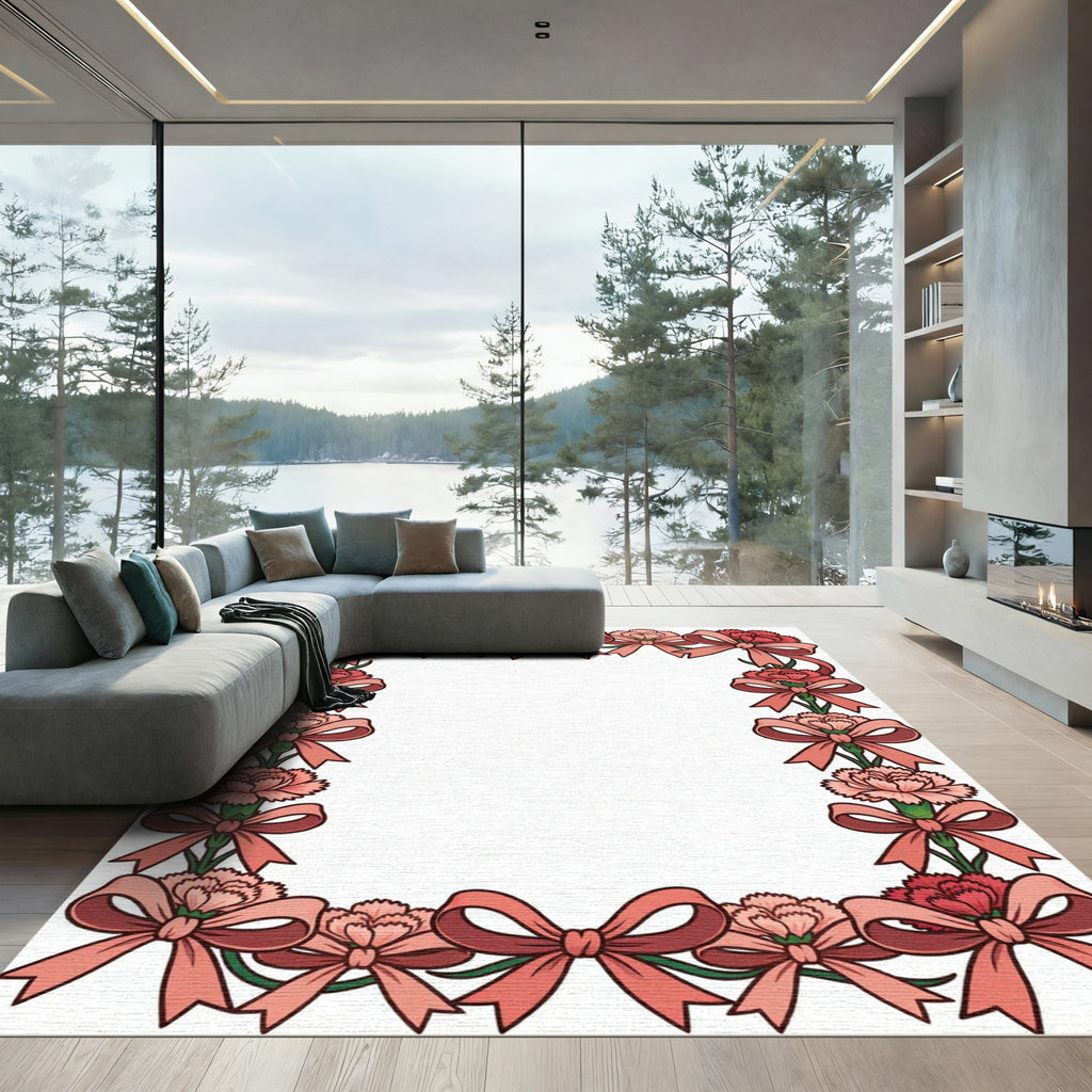 Pink Carnation Floral Bow Border Rug