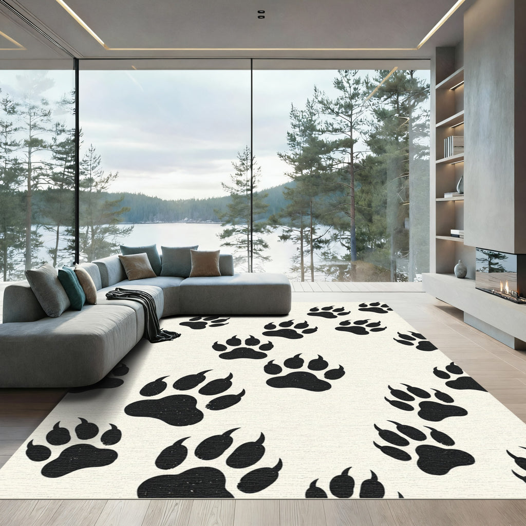 Playful Black Wildlife Paw Track Rug